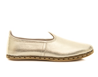 Mens Gold Color Leather Slip Ons, Turkish Yemeni Shoes, Handmade Leather Loafers, Flat Men Shoes, Gift for Him, Fathers Day Gift