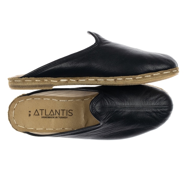 Womens Black Color Leather Slippers, Flat Slippers, Winter Slip-Ons, Turkish Slippers, Handmade Slippers, Mothers Day Gift