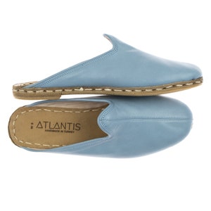 Womens Sky Blue Color Leather Slippers, Flat Slippers, Winter Slip-Ons, Turkish Slippers, Handmade Slippers, Mothers Day Gift