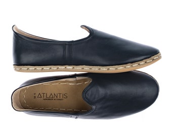 Slip Ons en cuir de couleur noire pour hommes, chaussures yéménites turques, mocassins en cuir faits à la main, chaussures plates pour hommes, cadeau pour lui, cadeau de la fête des pères