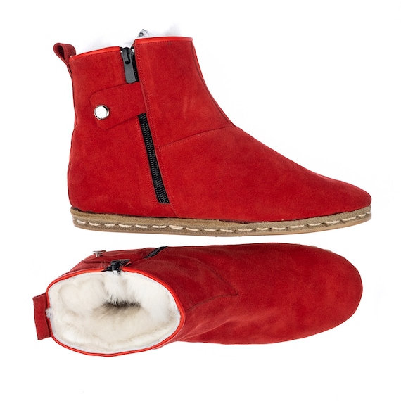 Mens Red Shearling Boots, Red Color Suede Winter Boots  display picture 1