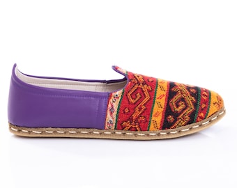 Womens Kilim Handmade Slip On, Turkish Shoes, Handmade Flat Shoe, Gift for Her, Kilim Shoes, Purple Loafers, Mothers Day Gift