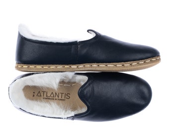 Mens Black Color Leather Shearling Slip Ons, Turkish Shearling Shoes, Handmade Sheepskin Loafers, Mens Flat Shoes, Fathers Day Gift