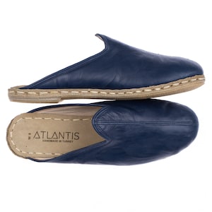 Womens Navy Color Leather Slippers, Flat Slippers, Winter Slip-Ons, Turkish Slippers, Handmade Slippers, Gift for Her, Mothers Day Gift