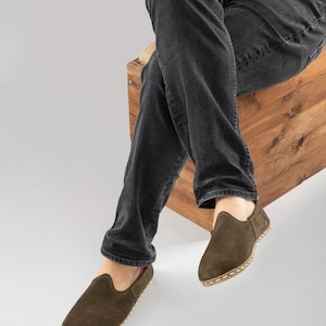 Mens Khaki Green Suede Barefoot Shoes, Zero Drop Minimalist Shoes, Wide Toe Box Flats, Handmade Turkish Slip On Shoes, Leather Shoes