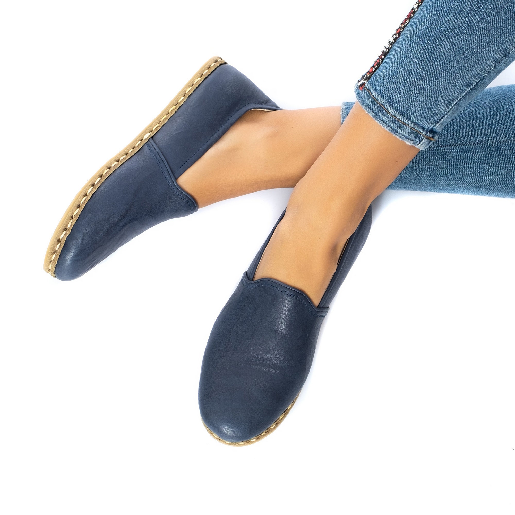 Womens Navy Color Leather Handmade Slip On, Turkish Shoes