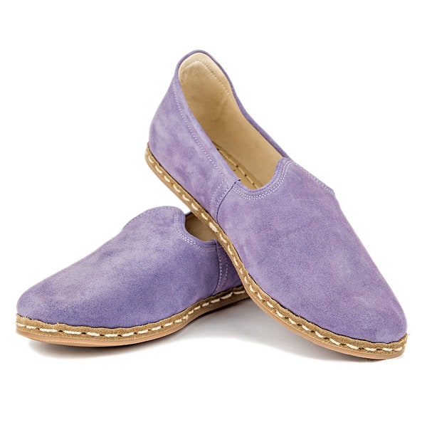 Womens Lavender Color Leather Handmade Slip On, Turkish Shoes, Handmade Flat Shoe, Gift for Her, Purple Suede Loafer, Mothers Day Gift