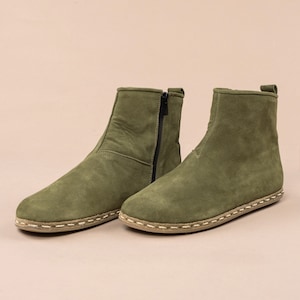 Women Green Ankle Barefoot Boots, Wide Toe Box Boots, Handmade Winter Boots, All Natural Zero Drop Boots, Ankle Barefoot Boots With Zipper