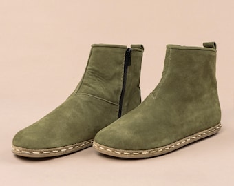 Women Green Ankle Barefoot Boots, Wide Toe Box Boots, Handmade Winter Boots, All Natural Zero Drop Boots, Ankle Barefoot Boots With Zipper