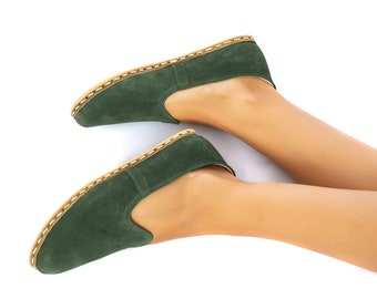 Womens Green Color Nubuck Leather Handmade Slip On, Turkish Shoes Women, Handmade Flat Shoe, Women Loafers, Gift for her, Mothers Day Gift