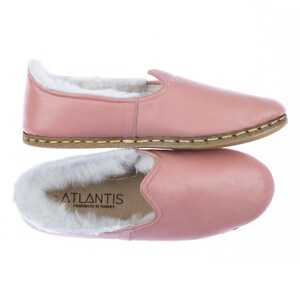 Womens Pink Color Leather Handmade Shearling Slip Ons, Turkish Shearling Shoes, Handmade Flat Shoe, Sheepskin Loafers, Mothers Day Gift