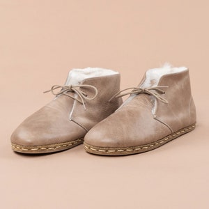 Women Oxford Ankle Barefoot Boots with Fur, Wide Toe Box Boots, Winter Boots, Tan Color Zero Drop Boots, Barefoot Shearling Boots With Laces