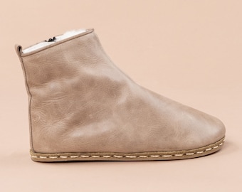 Sustainable Mens Barefoot Ankle Boots with Fur, Tan Wide Toe Box Boots, Handmade Winter Boots, Zero Drop Boot, Shearling Boots with Zipper