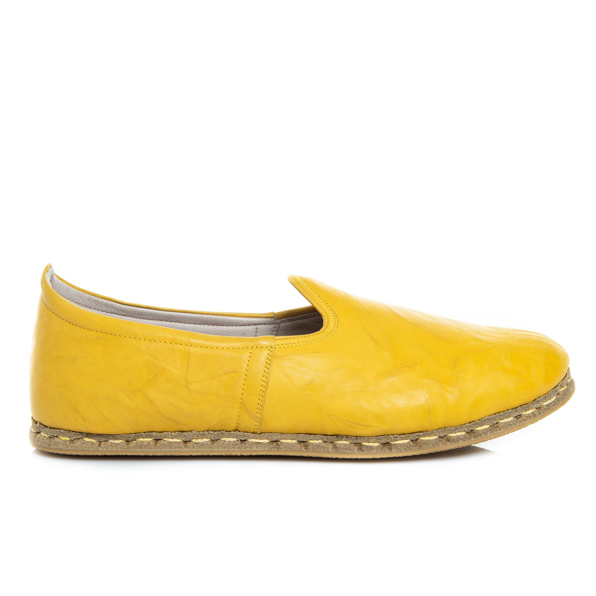 Womens Yellow Color Leather Handmade Slip On, Turkish Shoes, Handmade Flat Shoe, Gift for Her, Yellow Loafers, Mothers Day Gift