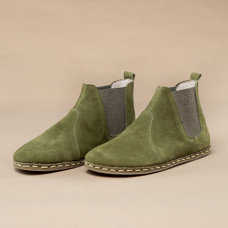 Women's Olive Green Chelsea Barefoot Boots, Wide Toe Box Boots, Handmade Winter Boots, All Natural Zero Drop Boots, Ankle Barefoot Boots image 2