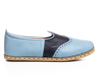 Mens Sky Blue Color Leather Slip Ons, Turkish Yemeni Shoes, Handmade Leather Loafers, Flat Men Shoes, Gift for Him, Fathers Day Gift