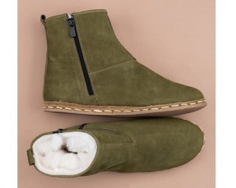 Mens Boots, Green Nubuck Leather Winter Boots, Travel Boots, Turkish Boots, Shearling Boots, Sheepskin Lining Boots, Christmas Gift
