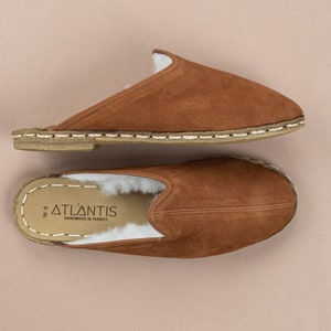 Mens Tan Nubuck Leather Shearling Slippers, Flat Slippers, Winter Slippers, Turkish Slippers, Sheepskin Slippers, Christmas Gift