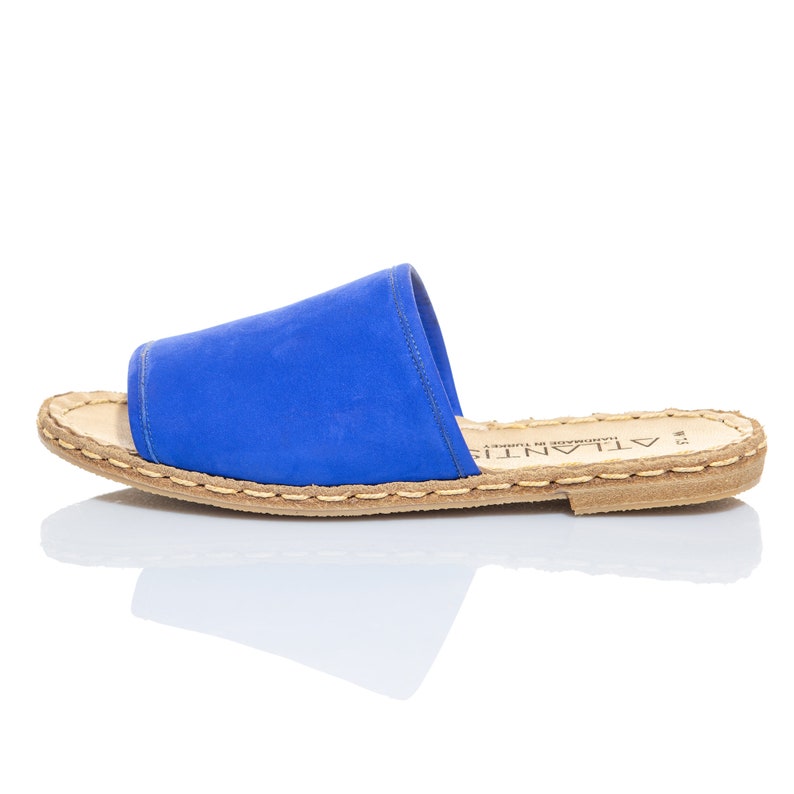 Handmade Leather Turkish Blue Suede Sandals Flats Women Slippers Flip-flops Sabots Travel Shoes Summer Shoes Cyber Monday Christmas Gift
