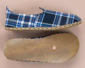 Barefoot Tartan Plaid Blue Fabric & Leather Handmade Women Classic Yemeni Shoes, Natural, Colorful, Slip-On