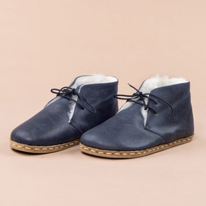 Women Oxford Ankle Barefoot Boots with Fur, Wide Toe Box Boots, Winter Boot, Blue Color Zero Drop Boots, Barefoot Shearling Boots With Laces