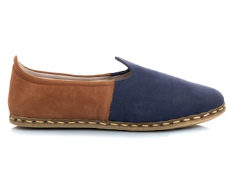 Mens Blue Color Nubuck Leather Slip Ons, Turkish Yemeni Shoes, Handmade Leather Loafers, Flat Men Shoes, Gift for Him, Fathers Day Gift