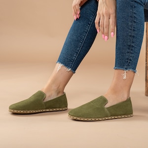 Women Barefoot Olive Green Minimalist Shoes, Wide Toe Box Comfy Shoes, Handmade Turkish Slip On Shoes, All Natural Zero Drop Shoes