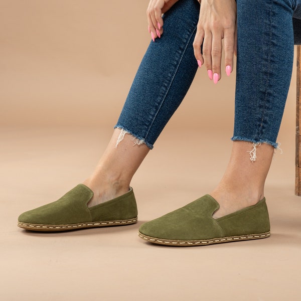 Women Barefoot Olive Green Minimalist Shoes, Wide Toe Box Comfy Shoes, Handmade Turkish Slip On Shoes, All Natural Zero Drop Shoes