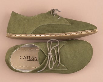 Mens Olive Green Barefoot Shoes, Zero Drop Minimalist Shoes, Wide Toe Box Oxfords, Handmade Turkish Slip Ons, Sustainable Leather Shoes