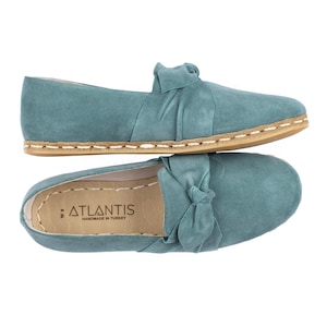 Womens Bow Slip-On Shoes, Green Color Leather Handmade Slip On, Turkish Shoes, Flat Shoe, Gift for Her, Suede Loafer, Mothers Day Gift