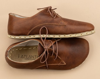 Oxfords marrones para hombre, Oxfords descalzos de cuero, puntera ancha