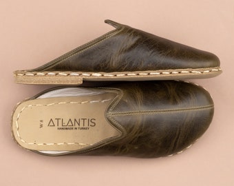 Mens Barefoot Green Slippers, Mens Wide Slippers, Zero Drop Leather Slippers, Sustainable Natural Flats, Mens Barefoot Shoes