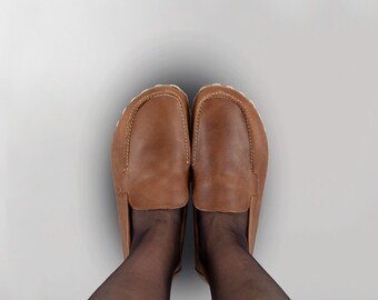 Women Barefoot Moccasin Shoes, Women Grounding Shoes, Barefoot Lion Brown Minimalist Shoes, Earthing Women Flats, Wide Leather Shoes