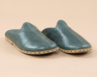 Mens Barefoot Green Slippers, Mens Wide Slippers, Zero Drop Leather Slippers, Sustainable Natural Flats, Mens Barefoot Shoes