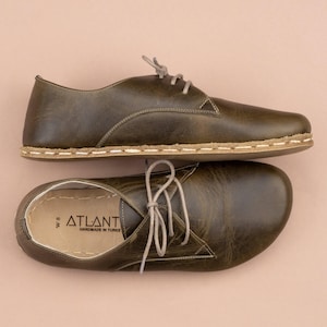 Mens Green Barefoot Shoes, Zero Drop Minimalist Shoes, Wide Toe Box Oxfords, Handmade Turkish Slip On Shoes, Sustainable Leather Shoes