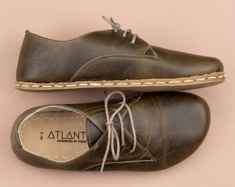 Grüne Herren Barfußschuhe, Zero Drop Minimalistische Schuhe, breite Zehenbox Oxfords, handgefertigte türkische Slip-On-Schuhe, nachhaltige Lederschuhe