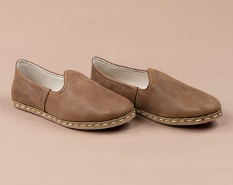 Womens Zaragoza Brown Leather Handmade Slip On, Turkish Shoes Women, Handmade Flat Shoe, Travel Shoes, Natural Yemeni Shoes, Christmas Gift