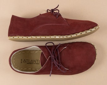Oxford Barefoot Claret Red Nubuck Leather Handmade Women Classic Yemeni Shoes, Natural, Colorful, Slip-On