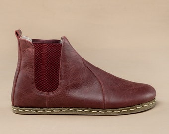 Sustainable Mens Barefoot Chelsea Boots, Red Wide Toe Box Boots, Handmade Winter Boots, All Natural Boots, Zero Drop Boots