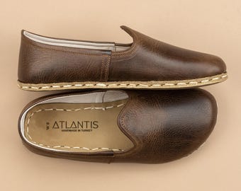 Mens Coffee Barefoot Shoes, Zero Drop Minimalist Shoes, Wide Toe Box Flats, Handmade Turkish Slip On Shoes, Sustainable Leather Shoes