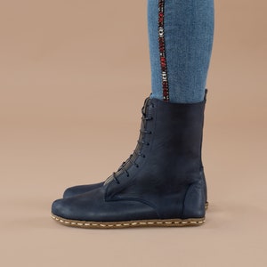 Women Blue Barefoot Boots, Earthing Boots, Handmade High Ankle Boots, Navy Leather Boots With Zipper, Grounding Boots, Laced Up Boots
