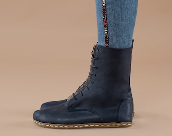 Women Blue Barefoot Boots, Earthing Boots, Handmade High Ankle Boots, Navy Leather Boots With Zipper, Grounding Boots, Laced Up Boots
