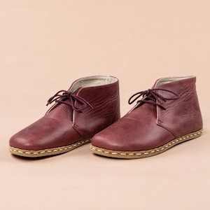 Sustainable Mens Oxford Barefoot Ankle Boots with Laces, Red Wide Toe Box Flat Boots, Handmade Winter Boot, Leather Zero Drop Casual Boots