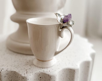 Spring Magic: Porcelain Mug with Amethyst Crystal and 12 Karat Gold Accents – Perfect Mother's Day or Friendship Gift