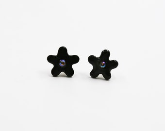 Black Porcelain Floral Earrings | Flower Stud Earrings | Swarovski Ceramic Earrings | Minimalist Evening Earrings | Casual Elegant Earrings