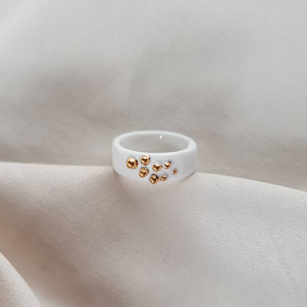 White Porcelain Ring. Handmade Ceramic Ring. Porcelain Ring With Gold Bubble. Gold Plated Ring. Porcelain Band. 18th anniversary