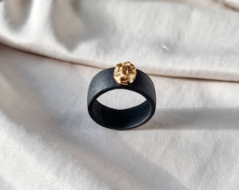 Black Porcelain Ring. Handmade Ceramic Ring. Gold Plated Ring. Rose ring. 18th anniversary