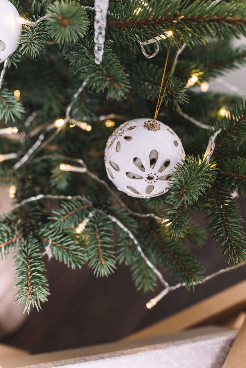 Christmas Porcelain Ornament. Gift for Christmas. Ceramic tree bauble. Christmas tree decoration. Christmas tree gold ball. White Christmas image 6