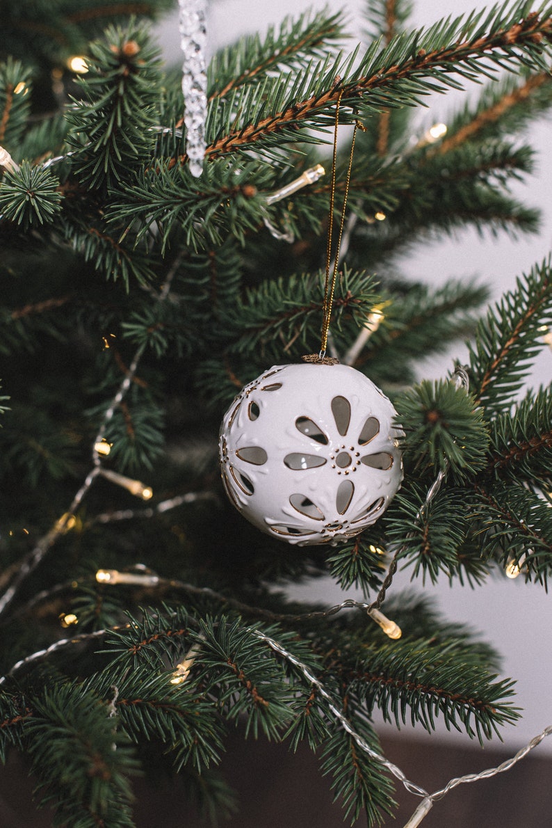 Christmas Porcelain Ornament. Gift for Christmas. Ceramic tree bauble. Christmas tree decoration. Christmas tree gold ball. White Christmas image 4