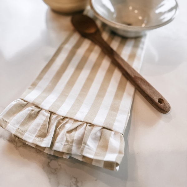 Tea Towel with ruffle hem, tan and white stripes